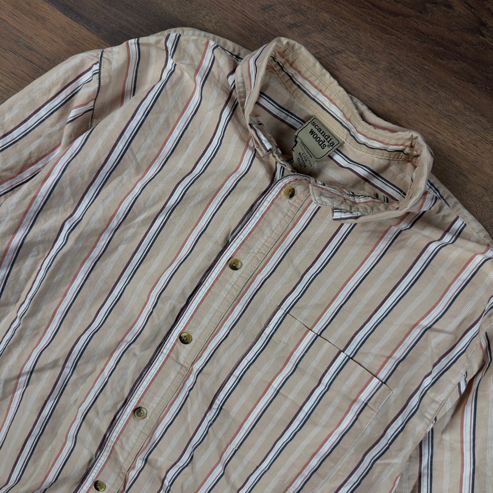 Scandia Woods Mens Large Tan Striped Short Sleeve Cotton Button Down Shirt LGE